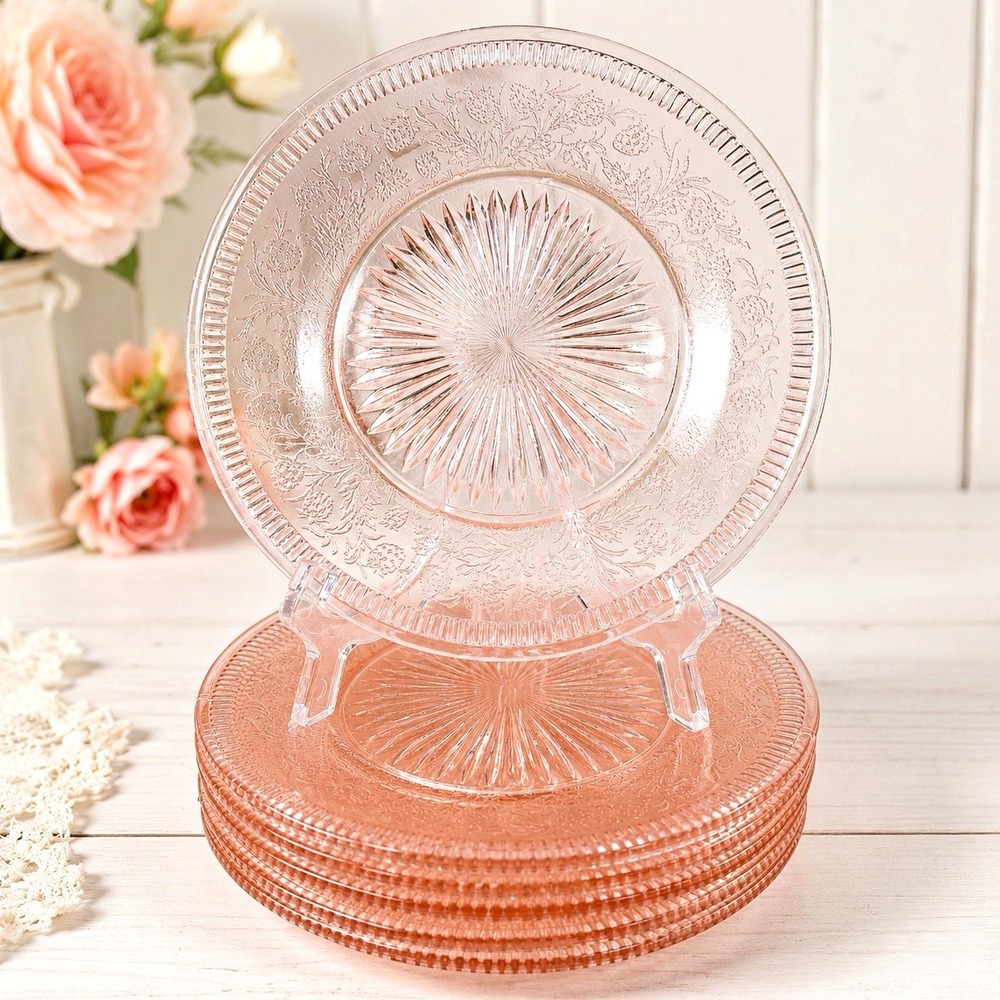 VTG U.S. Glass Strawberry Pink Depression Glass Bread & Butter Plates Set of 6